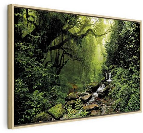 B&D XXL Bilder mit Rahmen 120x80 cm Wandbilder groß Leinwandbild XXL natürlicher Holzrahmen modern Wanddekoration Kunstdruck Wanddeko Wohnzimmer Schlafzimmer Wald Natur Landschaft Bäume Wasserfall