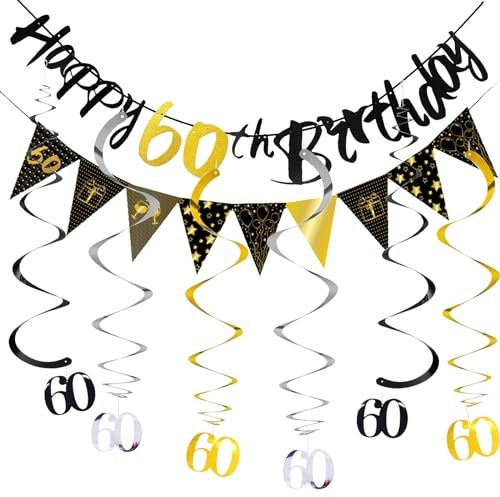 60 Geburtstag Mann Frau Deko, 60 Geburtstag Deko Banner Wirbel Set, Deko 60. Geburtstage Mann Luftschlangen, 60. Geburtstage Deko Girlande Spiralen Gold,Deko 60 Geburtstags,Partydeko 60er Geburtstags