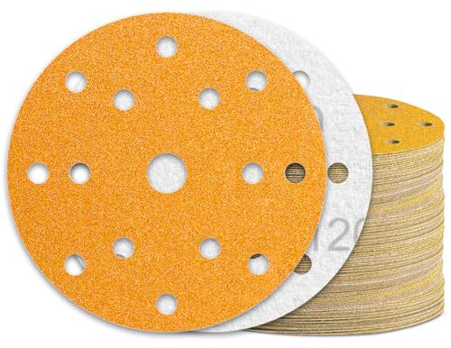 KONGMING 60 Pcs 150mm Sanding Discs Grit 120 Hook and Loop 15 Hole for Random Orbital Sander