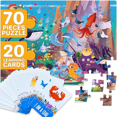 QUOKKA Riddle Jigsaw Puzzles for Kids, Age 3+, Educational Toys - 70 Pcs Kids Search And Find Puzzles - 20 Illustrated Guessing Cards With Ocean Animals - Boys & Girls Gift