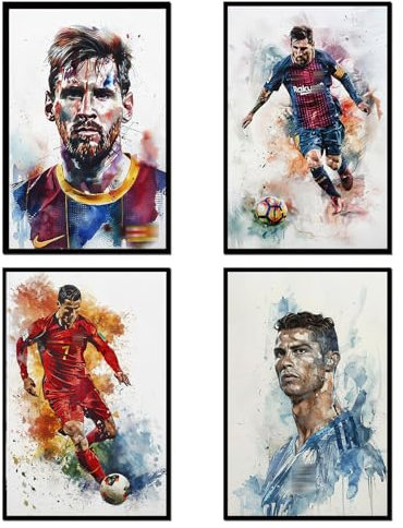 NebulaNova Ronaldo, Messi, Neymar und Mbappé Poster Set - 4 Kunstdrucke, Sport-Promi-Wandbilder für Wohnzimmer, Raumdekoration - Ungerahmt 16x24 Zoll (40x60cm)