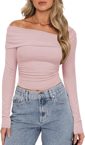 TrendiMax Womens Long Sleeve Sexy Tops Off Shoulder Ruched Ribbed Knit Shirt Fleeced Slim Fit Blouse T Shirt