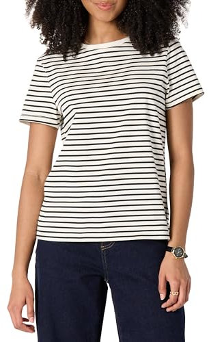 Amazon Essentials Women's Regular Fit 100% Cotton Crewneck Short Sleeve T-Shirt, Eggshell White Black French Stripes, S