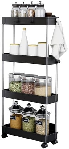 Alex Nash 4-Tier Slim Storage Trolley on Wheels - Rolling Utility Cart with Lockable Wheels - Slide Out Shelving Organiser Unit Rack for Kitchen, Bathroom, Bedroom, Office - Extra Slim, Black