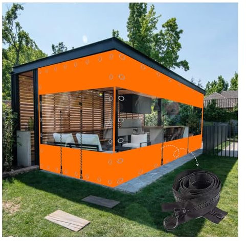 HBOOMOEM Zipper Tarpaulin,Outdoor Tarp Curtains With Zipper Door,Pvc Plastic Tarp Sheet Cover,Pergola Patio Porch Gazebo Carport Transparent Orange Tarpaulin,With Grommets.(10 * 12m/394 * 472in)