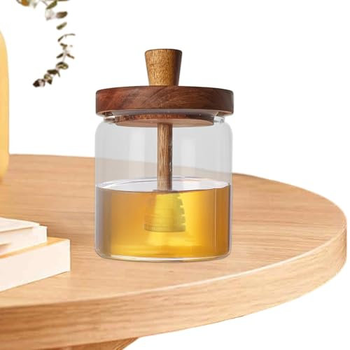 Nybhyjka Bocal à miel en verre avec sauce, distributeur de miel, couvercle en bois - Distributeur de miel en verre avec louche, pot à miel, récipient à miel pour café - 500 ml