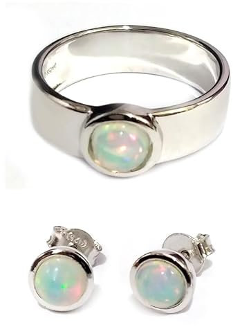 Cavill Welo Opal Silber Set 0,82 ct Äthiopischer runder Cabochon 5 mm Ring & Ohrringe 925 Sterling Silber moderner eleganter Schmuck blau grün rosa schillernd