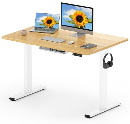 FLEXISPOT ONE PIECE Electric Standing Desk Height Adjustable Desk Sit Stand Desk with 4 Memory Smart Pannel and Backpack Hook for Home Office, 120 x 60cm Maple
