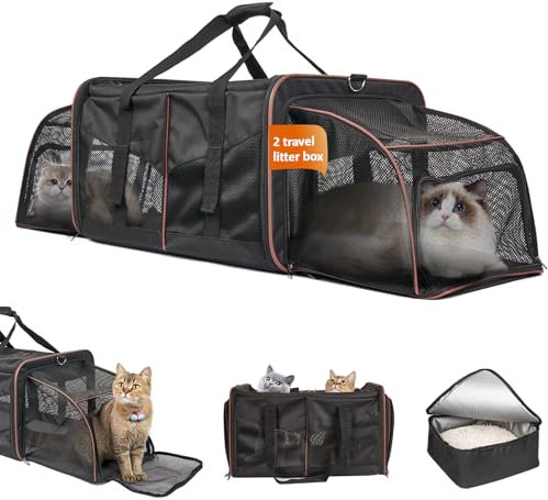 Cat Carrier for 2 Cats - LitaiL Large Dual Cat Travel Carrier with Litter Box, Portable 2-in-1 Soft Pet Travel Carrier for Indoor Outdoor, Large Double Cat Carriers for Cats Dogs Up to 25lbs