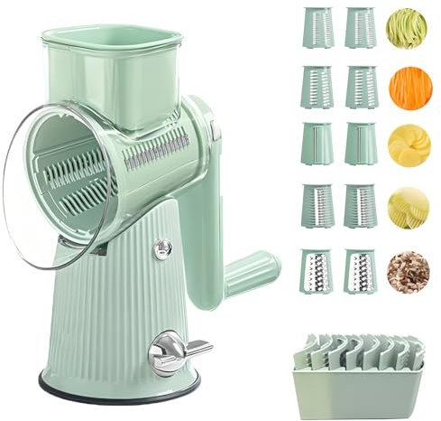 Rallador Queso Rotatorio 5 en 1, con 5 Tipos Cuchillas, Picadora Alimentos Acero Inoxidable