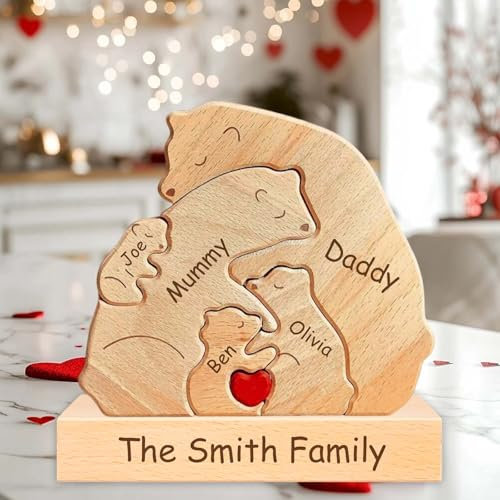 Personalized Wooden Bear Family Puzzle with Names,Custom Wooden Puzzles for Home Decor,Personalized Gift for Mother's Day,Father’s Day,Birthdays (Style-Cute Bear)