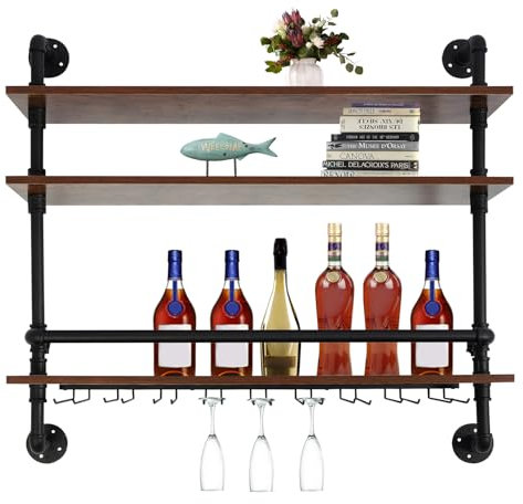OMGGYER 3 Ebenen Wandregal Industrial Style Küchenregal Wand Schweberegal Holz Flaschenregal mit Weingläserhalter für Wohnzimmer, Küche, Schlafzimmer, Badezimmer von Dekoration und Aufbewahrung