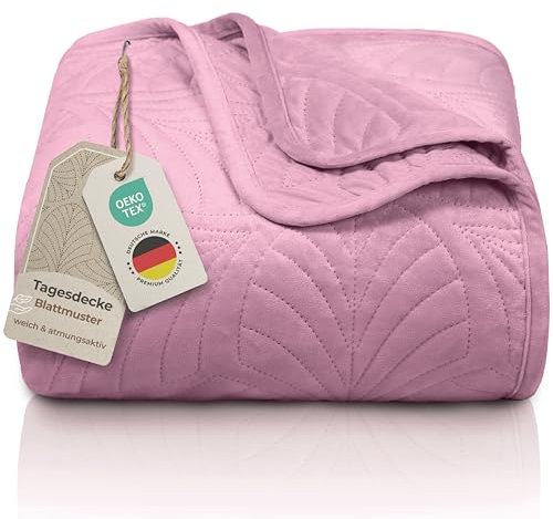 Gräfenstayn Premium Tagesdecke 170x210 cm – Bettüberwurf mit Nahtloser Steppung & Blatt-Design – Samt-Decke – weich, knitterfrei & pflegeleicht – Überwurf für Bett & Sofa (Altrosa)