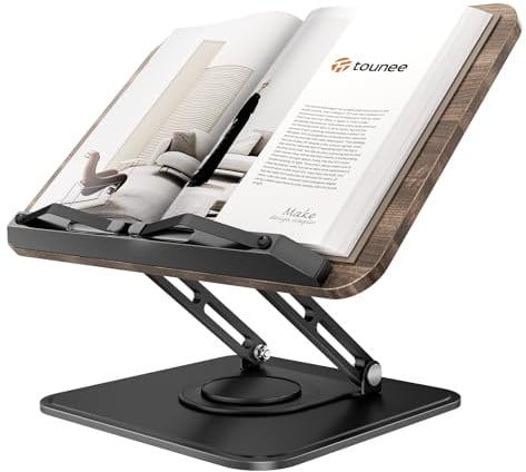 Tounee Buchständer, 360° drehbarer Lesebuchhalter, verstellbarer Kochbuchhalter für freihändiges Lesen, faltbarer Tisch-Rezeptbuchständer mit schützenden Seitenclips, passend für alle Bücher–Schwarz
