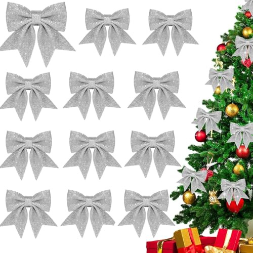 Weihnachtsbaum Deko, 12 Stück Silber Glitzer Schleifen Weihnachtsbaum, Weihnachtsbaumschmuck Schleifen, für Zuhause Festival Party Baumkranz Dekorationen