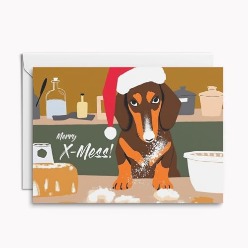 Originelle Weihnachtskarte Hund – witzige Klappkarte Merry X-Mess! mit Dackel in der Weihnachtsbäckerei, inkl. Umschlag & weißem Einleger