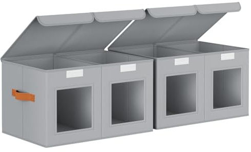 Homsorout 2 Pack Foldable Storage Boxes with Lids & Divider Board 31L Grey | Double Flip-top Cover, Large Fabric Bin with Handles for Walk-in Wardrobe, Living Room, Bedroom, Shelving Unit, Nursery, Hall