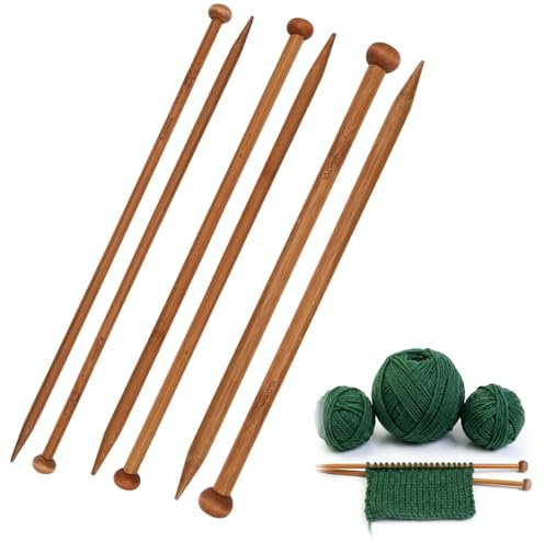ACKKOR Set di 6 Ferri da Maglia in bambù 6, 8, 10 mm, 25 cm, Legno, Singola Punta, Misura per Mani di Bambino, Kit Lana per Principianti