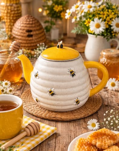 New Charming Ceramic Beehive Teapot, Yellow and White Honey-Inspired Tea Kettle, Decorative Farmhouse Kitchen Teaware for Home or Gift-G82