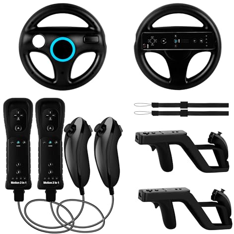 KOUROU 8PCS Motion Plus Wii Remote Controllers with Nunchucks, Mario Kart Steering Wheels and Zapper Light Gun(2Controllers+2Nunchucks+2 Wheels+2Gun)