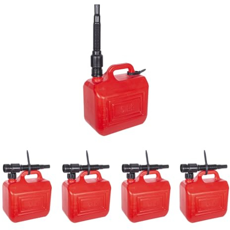 Garrafa Gasolina Roja Multiusos con Tapón y Manguera – 5L, 10L o 20L – Pack 4 o 5 Unidades. Bidón Con Agarre Fácil de Usar (Garrafa 5L (5ud)