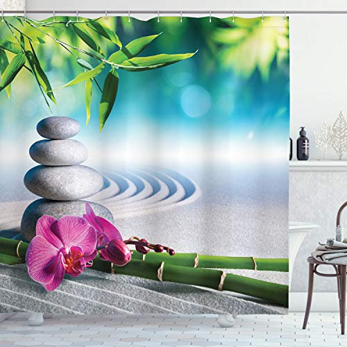 ABAKUHAUS Zen Duschvorhang, Spa Sand Orchid Blume, Stoffliches Gewebe Badezimmerdekorationsset mit Haken, 175 x 200 cm, Farngrün Fuchsienfarben Blau