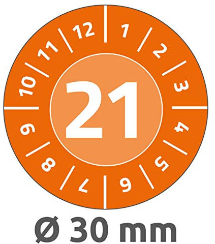 AVERY Zweckform 6944-2021 widerstandsfähige Jahres-Prüfplaketten 2021 (stark selbstklebend, Kleinformat, Ø 30 mm, 80 Aufkleber auf 10 Blatt) orange