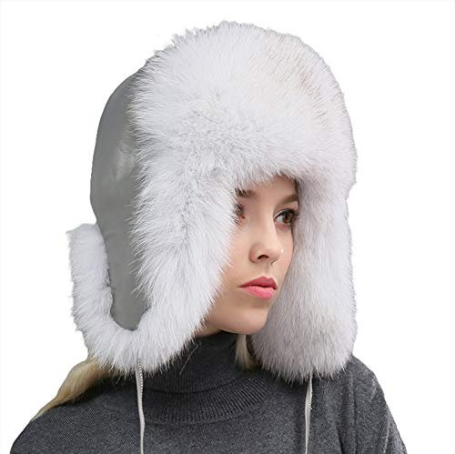 Insun Damen Fliegermütze Fellmütze Pelzmütze Wintermütze Faux Fuchs Fell Warm Weich Hut Weiß Grau 52-60cm