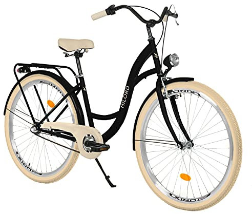 MILORD. 26 Zoll 3-Gang, schwarz und Creme, Komfort Fahrrad mit Rückenträger, Hollandrad, Damenfahrrad, Citybike, Cityrad, Retro, Vintage