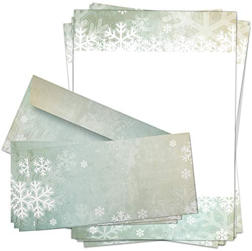 50 x Weihnachtspapier mit Umschlag Set - Motiv Schneeflocken Türkis - Papier DIN A4 Weihnachten beidseitig, Kuvert DIN LANG