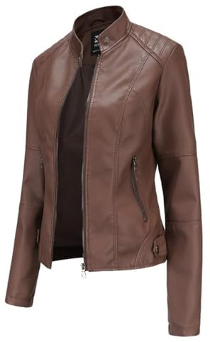 Hiseng Chaqueta de Cuero Sintético para Mujer, PU Chaqueta Cuero Mujer, con Bolsillos con Cremallera, Color Café Moda Corta Cazadora, Otoño, Primavera