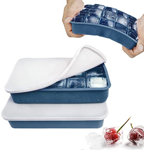 Eiswürfelform Silikon Eiswürfelbehälter mit Deckel 15-Fach 3cm Quadratische Eiswürfel Ice Cube Tray für Whisky, Cocktails Blau, 2 Stück