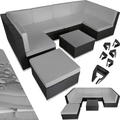 tectake XXL Polyrattan Lounge, Gartenmöbel Set, Sitzgruppe, Balkon Möbel mit 6 Sitze 1 Tisch 1 Hocker, inkl. Sitzkissen, Gartenlounge Outdoor, wetterfest, für Garten, Balkon, Terrasse - schwarz/grau