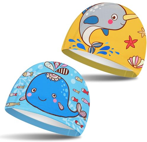 2 Pezzi Cuffie da Nuoto per Bambini Cuffia da Bagno in Poliestere Elastico Cuffie da Nuoto di Cartoon per Rragazzi e ragazze di età compresa tra 1 e 8 Anni