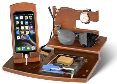 1STKER Gifts for Men - Wood Phone Docking Station Mens Gifts for Christmas Boyfriend Anniversary Birthday Gifts for Him Bedside Organiser Nightstand Key Wallet Stand Xmas Presents for Dad Husband