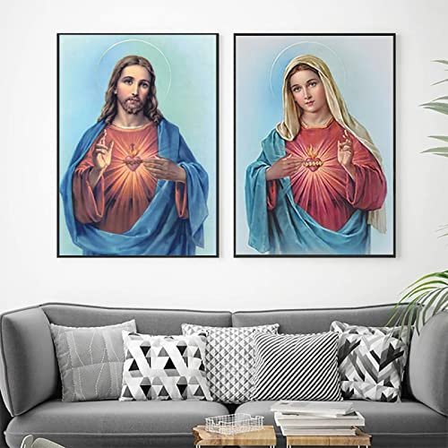 Heiliges Herz Jesu Und Der Jungfrau Maria Leinwand Gemälde Poster Und Drucke 2 Stück Wandkunst Bild Für Wohnzimmer Büro Dekorieren 40Cmx60Cm Kein Rahmen