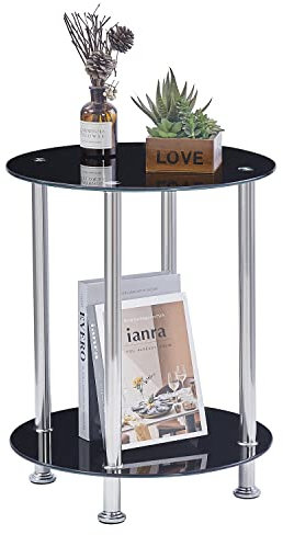 paonne 2-Tier Round Glass End Table for Living Room, Glass Sofa End Table With Storage Shelf, Small Accent Coffee Table Square Bedside Table with Polished Chrome Legs