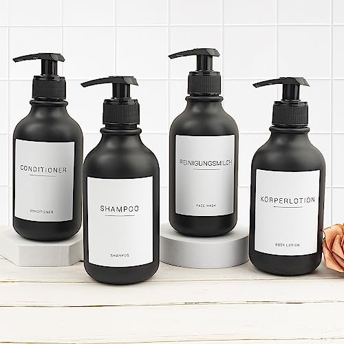 Ezebesta 4 Stück 300ml Kleiner Seifenspender mit Deutsch Etiketten Kunststoff-Flüssigkeitsspender Flaschen