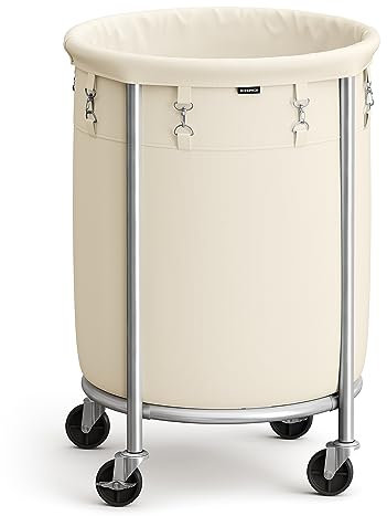 SONGMICS Laundry Basket on Wheels, Laundry Trolley 110L, Round Laundry Hamper with Steel Frame and Removable Bag, 4 Castors and 2 Brakes, Cream and Silver RLS002W01