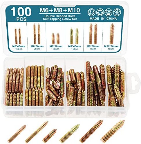 HSEAMALL Vis de suspension, à double extrémité, vis autotaraudeuses, vis de chevilles galvanisées, pour le travail du bois, la fixation de meubles (M6-M8-M10-100PCS)