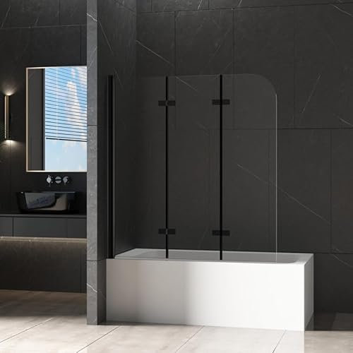Duschwand für Badewanne 3-teilig Faltbar 120x140cm Schwarz Badewannenaufsatz, Klappbar Glas Duschabtrennung für Badewanne aus 6mm Sicherheitsglas (ESG) mit Nano Beschichtung