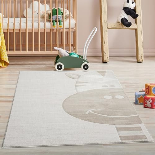 Kinderteppich Creme, Beige - 120x120 cm Rund - Tier-Motiv Giraffe - Kurzflor Teppiche Kinderzimmer, Spielzimmer