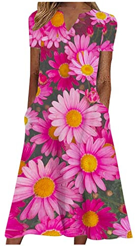 JISDFKFL Kleider für Damen – Frühling Sommer Langer Maxirock Locker V-Ausschnitt Neuheit Flowy Kurzarm Blumendruck Strand Urlaub Casual A-Linie Damen Knöchelkleid, hot pink, Small