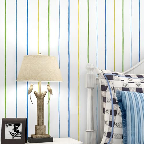 SAIMEYI Vliestapete Wallpaper Im Mediterranen Stil Blau Weiß Gelb Grün Gestreiftes Design Tapete Vertikales Streifenmuster Für Kinderzimmer, Küche, Schlafzimmer, Bad, Wohnzimmer