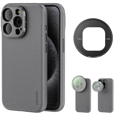 Neewer Phone Case for iPhone 15 Pro, TPU + PC Protective Heavy Duty Case with 17mm Lens Backplate, 67mm Filter Adapter, Nonslip Faux Leather, Compatible with MagSafe, PA053 Gray/Black