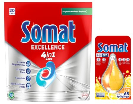 SOMAT 4in1 Caps 20 AW Excellence, schnellauflösende Spülmaschinentabs, für exzellente Reinigung & Glanz sogar im Eco-Programm + Somat Duo Power Experten Deo Perls 60 AW Zitrone & Orange Duft