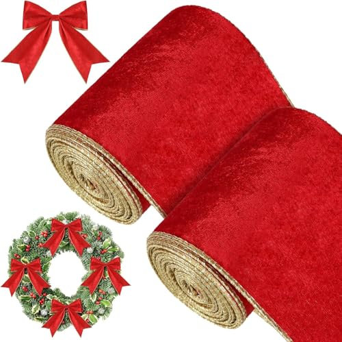 KAHEIGN 2 Rotoli Nastro di Velluto Natalizio, 11m x 10cm Larghezza Nastro di Velluto Impermeabile con Bordo Dorato per Natale Confezione Regalo Fai da Te Ghirlanda Fiocco Albero Decorazione (Rosso)