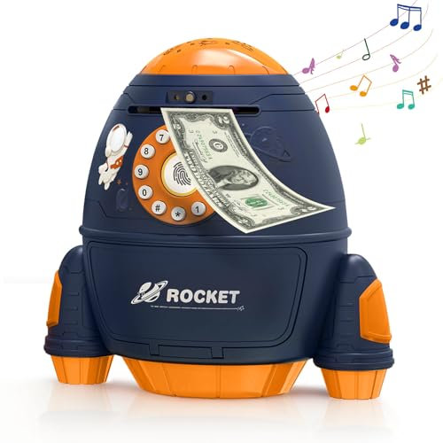 Topchances Spardose Kinder,Elektronische Spardose für Kinder, Raketen-Sparschwein, Mit Projektorlampe, Geldbank Geldtresor für Mädchen Jungen, Kinder SchöNe Spielzeug, Geburtstagsgeschenk(Navy Blau)
