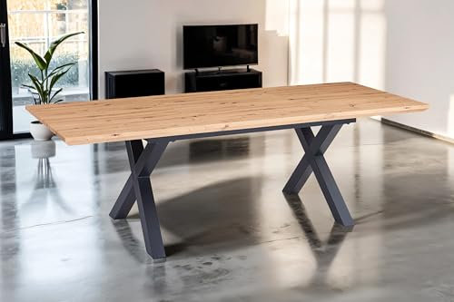 SAM Esstisch 180x90 cm Bird, MDF-Tischplatte mit Eiche-Optik, Ausziehtisch, Schweizer Kante, Tischbeine in X-Form, Schmetterlingsauszug (2X 40 cm Platten), ausziehbarer Esszimmertisch auf 260 cm