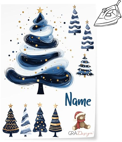 GRAZDesign Bügelbilder Set für Textilien Weihnachten Tannenbäume blau DIN A4 zum selbst aufbügeln, Kinder mit Namen personalisiert